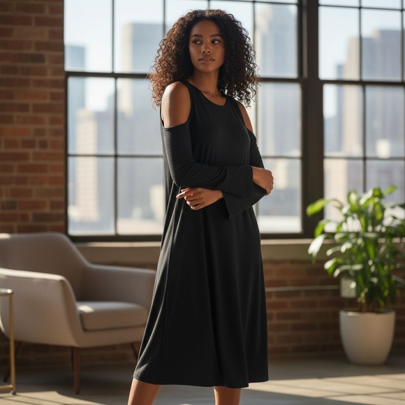 Ralph Lauren Dresses & Skirts - Ralph Lauren Black Cold Shoulder Midi Dress With Bell Sleeves Size XL